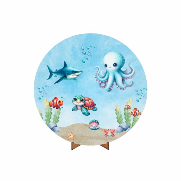 Painel Redondo 3D Fundo do Mar 50cm Com Suporte MDF