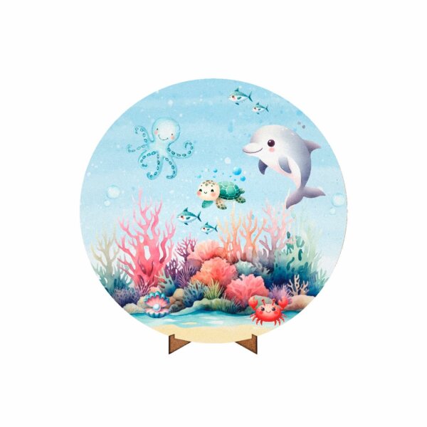 Painel Redondo 3D Fundo do Mar 50cm Com Suporte MDF
