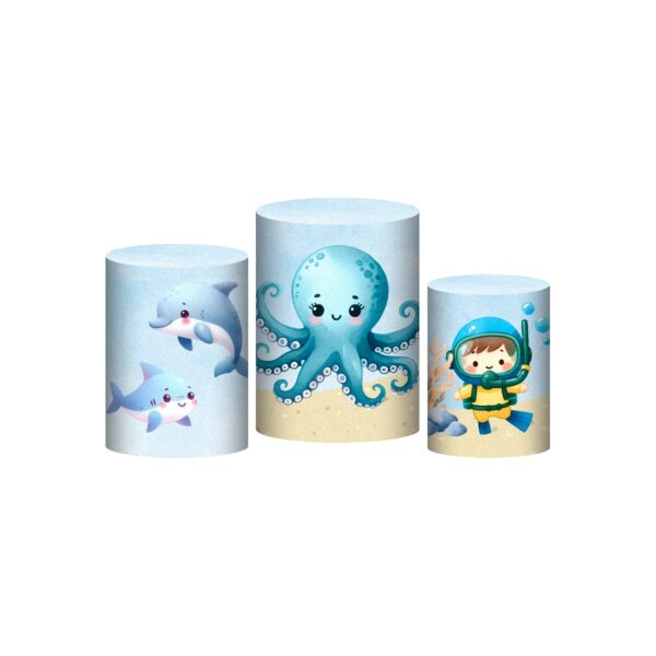Trio Capa Cilindro Fundo do Mar 3D Em Tecido Com Elástico
