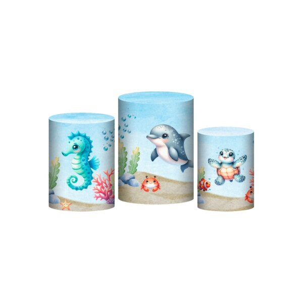Trio Capa Cilindro Fundo do Mar 3D Em Tecido Com Elástico