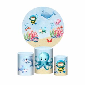 Trio Capa Cilindro + Painel Redondo 3D Fundo do Mar 1,50m Veste Fácil
