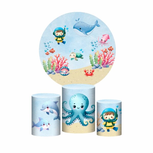 Trio Capa Cilindro + Painel Redondo 3D Fundo do Mar 1,50m Veste Fácil