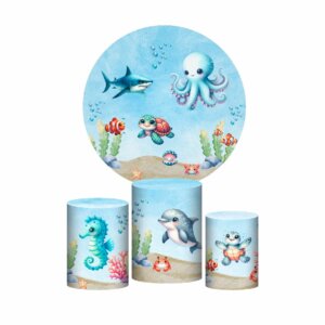 Trio Capa Cilindro + Painel Redondo 3D Fundo do Mar 1,50m Veste Fácil
