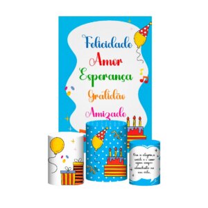Kit Casado Feliz Aniversário 3d Trio Capa Cilindro + Retangular Tecido