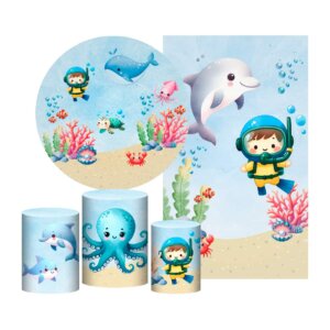 Kit Fundo do Mar Painel Redondo + Trio Capas + Retangular Tecido