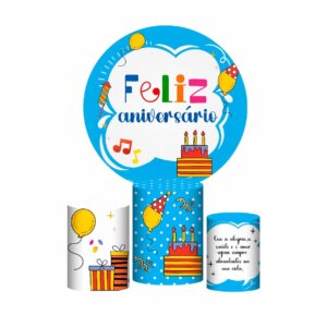 Trio Capa Cilindro + Painel Redondo 3D  Feliz Aniversário 1,50m Veste Fácil