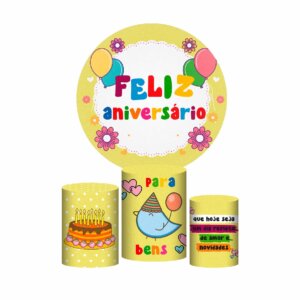 Trio Capa Cilindro + Painel Redondo 3D  Feliz Aniversário 1,50m Veste Fácil