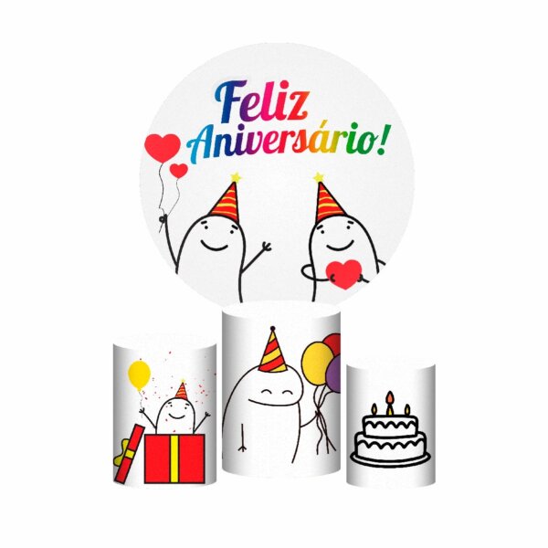 Trio Capa Cilindro + Painel Redondo 3D  Feliz Aniversário 1,50m Veste Fácil