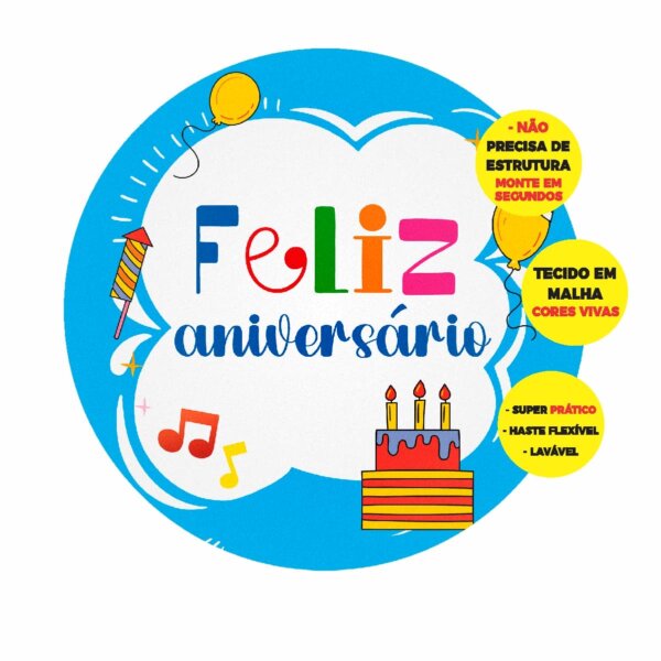 Painel Redondo 3D Feliz Aniversário Abre Fácil 1,50m X 1,50m