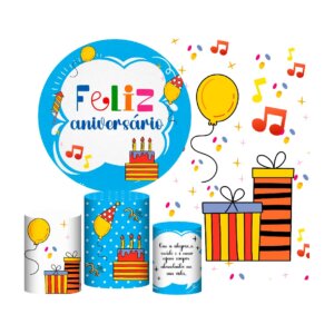 Kit Feliz Aniversário Painel Redondo + Trio Capas + Retangular Tecido