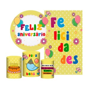 Kit Feliz Aniversário Painel Redondo + Trio Capas + Retangular Tecido