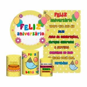 Kit Feliz Aniversário Painel Redondo + Trio Capas + Retangular Tecido