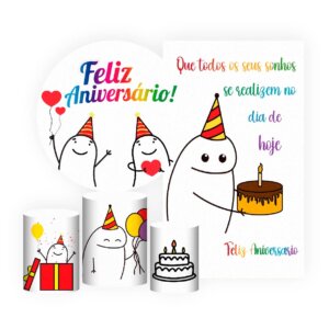 Kit Feliz Aniversário Painel Redondo + Trio Capas + Retangular Tecido