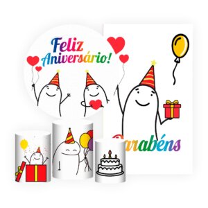Kit Feliz Aniversário Painel Redondo + Trio Capas + Retangular Tecido