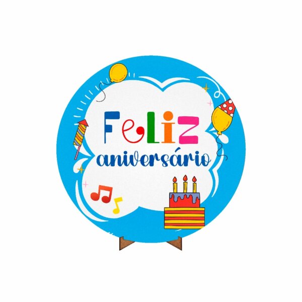 Painel Redondo 3D Feliz Aniversário 50cm Com Suporte MDF