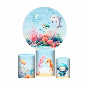 Trio Capa Cilindro + Painel Redondo 3D Fundo do Mar 1,50m Veste Fácil