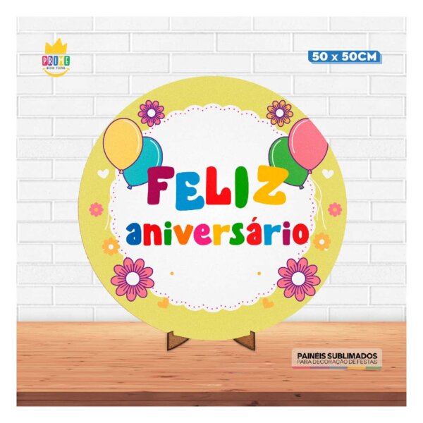 Painel Redondo 3D Feliz Aniversário 50cm Com Suporte MDF - Image 2