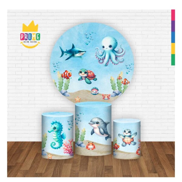 Trio Capa Cilindro + Painel Redondo 3D Fundo do Mar 1,50m Veste Fácil - Image 2
