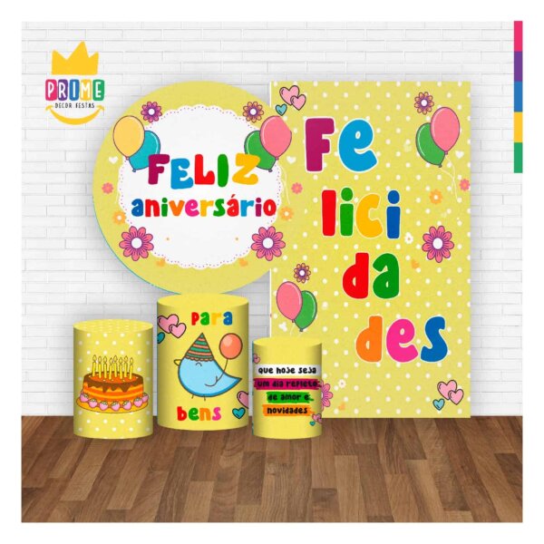 Kit Feliz Aniversário Painel Redondo + Trio Capas + Retangular Tecido - Image 2