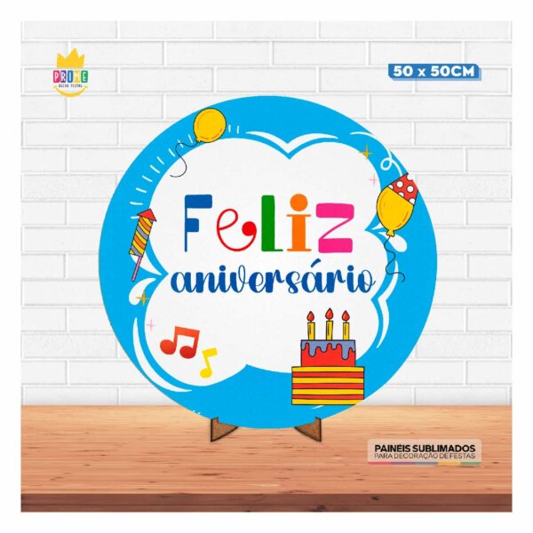 Painel Redondo 3D Feliz Aniversário 50cm Com Suporte MDF - Image 2