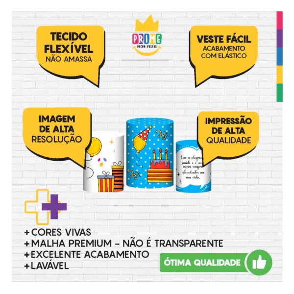 Trio Capa Cilindro Feliz Aniversário 3D Em Tecido Com Elástico - Image 3