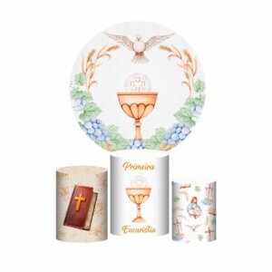 Trio Capa Cilindro + Painel Redondo 3D Primeira Eucaristia 1,50m Veste Fácil