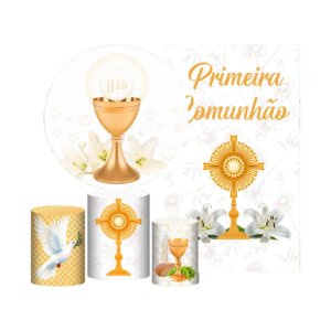 Kit Primeira Eucaristia Painel Redondo + Trio Capas + Retangular Tecido