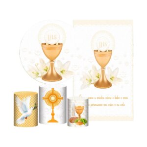 Kit Primeira Eucaristia Painel Redondo + Trio Capas + Retangular Tecido