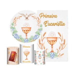 Kit Primeira Eucaristia Painel Redondo + Trio Capas + Retangular Tecido