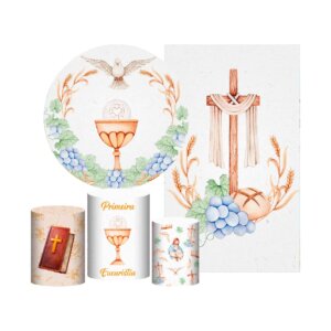 Kit Primeira Eucaristia Painel Redondo + Trio Capas + Retangular Tecido