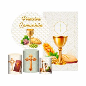 Kit Primeira Eucaristia Painel Redondo + Trio Capas + Retangular Tecido