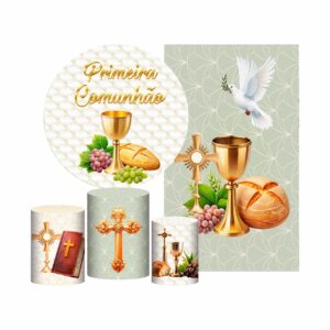 Kit Primeira Eucaristia Painel Redondo + Trio Capas + Retangular Tecido