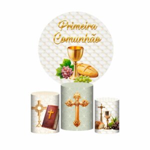 Trio Capa Cilindro + Painel Redondo 3D Primeira Eucaristia 1,50m Veste Fácil