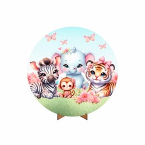 Painel Redondo 3D Safari Rosa 50cm Com Suporte MDF