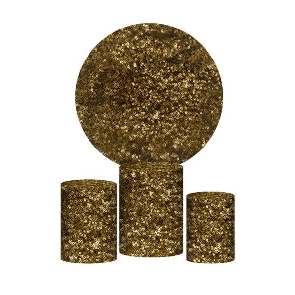 Trio Capa Cilindro + Painel Redondo 3D Lantejoula Dourado 1,50m Veste Fácil