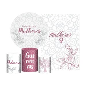 Kit Dia das Mulheres Painel Redondo + Trio Capas + Retangular Tecido