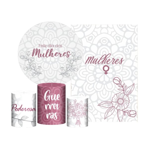 Kit Dia das Mulheres Painel Redondo + Trio Capas + Retangular Tecido