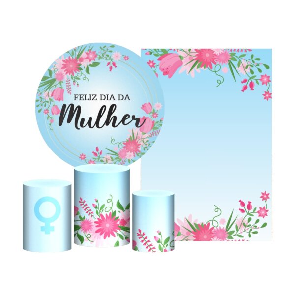 Kit Dia das Mulheres Painel Redondo + Trio Capas + Retangular Tecido