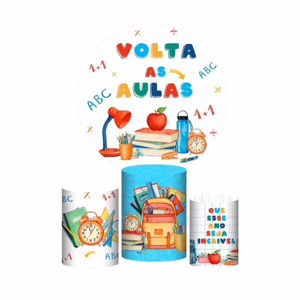 Trio Capa Cilindro + Painel Redondo 3D Volta ás Aulas 1,50m Veste Fácil