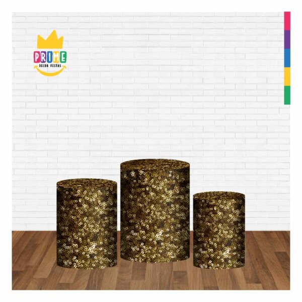 Trio Capa Cilindro Lantejoula Dourado 3D Em Tecido Com Elástico - Image 2