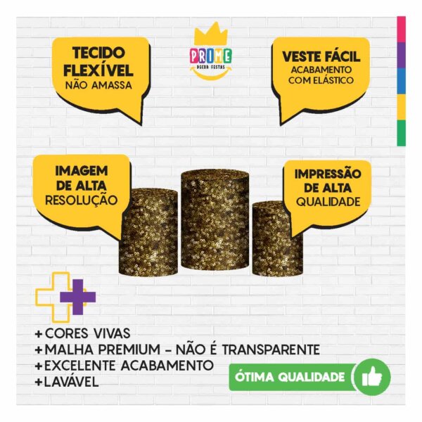 Trio Capa Cilindro Lantejoula Dourado 3D Em Tecido Com Elástico - Image 3