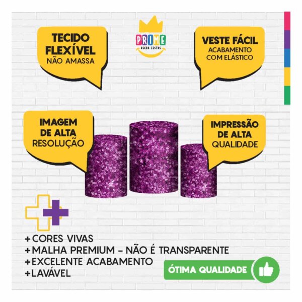 Trio Capa Cilindro Lantejoula Roxo 3D Em Tecido Com Elástico - Image 3