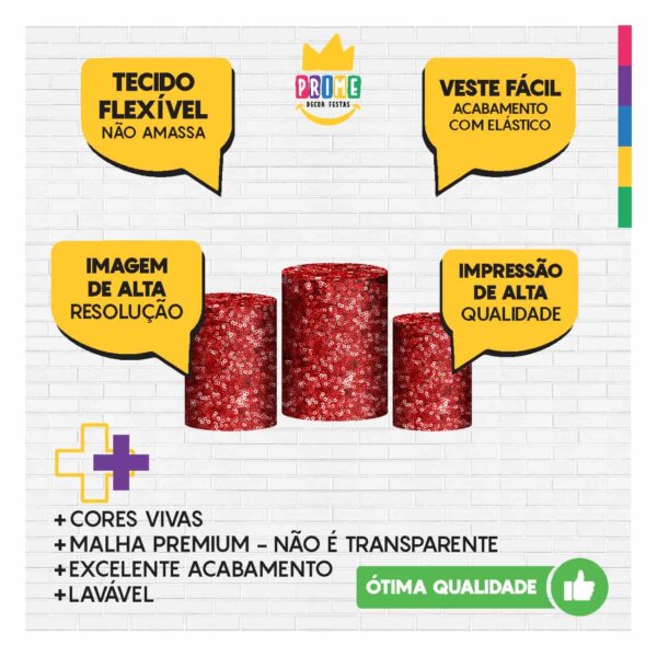 Trio Capa Cilindro Lantejoula Vermelho 3D Em Tecido Com Elástico - Image 3