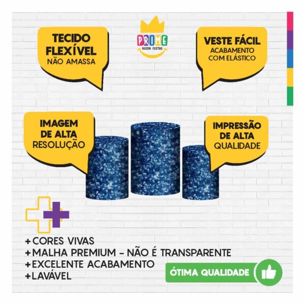 Trio Capa Cilindro Lantejoula Azul 3D Em Tecido Com Elástico - Image 3