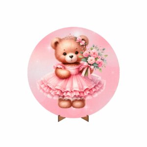 Painel Redondo 3D Ursinha Princesa 50cm Com Suporte MDF