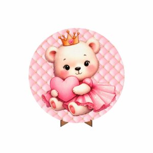 Painel Redondo 3D Ursinha Princesa 50cm Com Suporte MDF