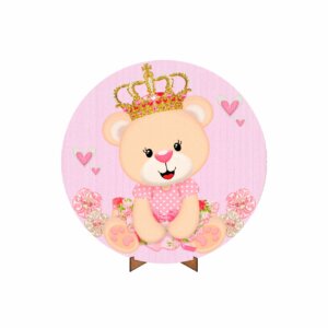 Painel Redondo 3D Ursinha Princesa 50cm Com Suporte MDF
