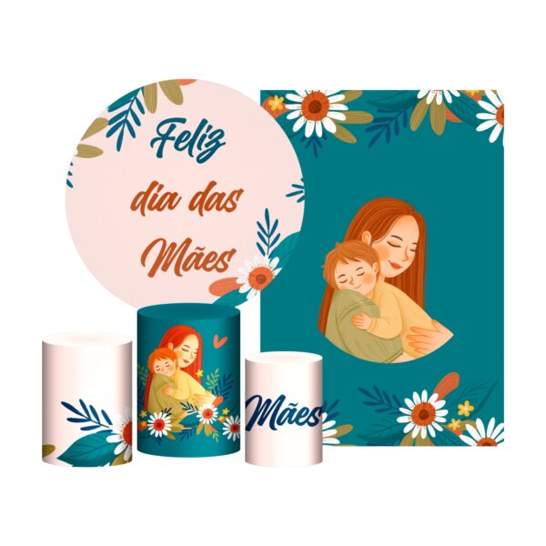 Kit Casado Dia das Mães Painel Redondo Trio Capas Cilindro Retangular Vertical Em Tecido