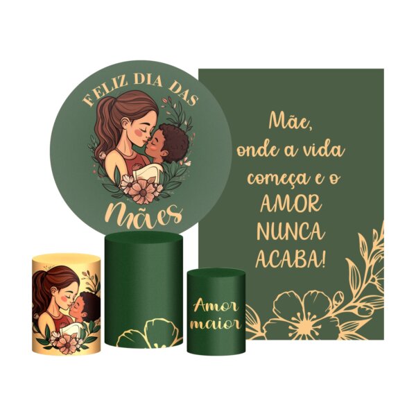 Kit Casado Dia das Mães Painel Redondo Trio Capas Cilindro Retangular Vertical Em Tecido