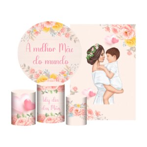 Kit Casado Dia das Mães Painel Redondo Trio Capas Cilindro Retangular Vertical Em Tecido